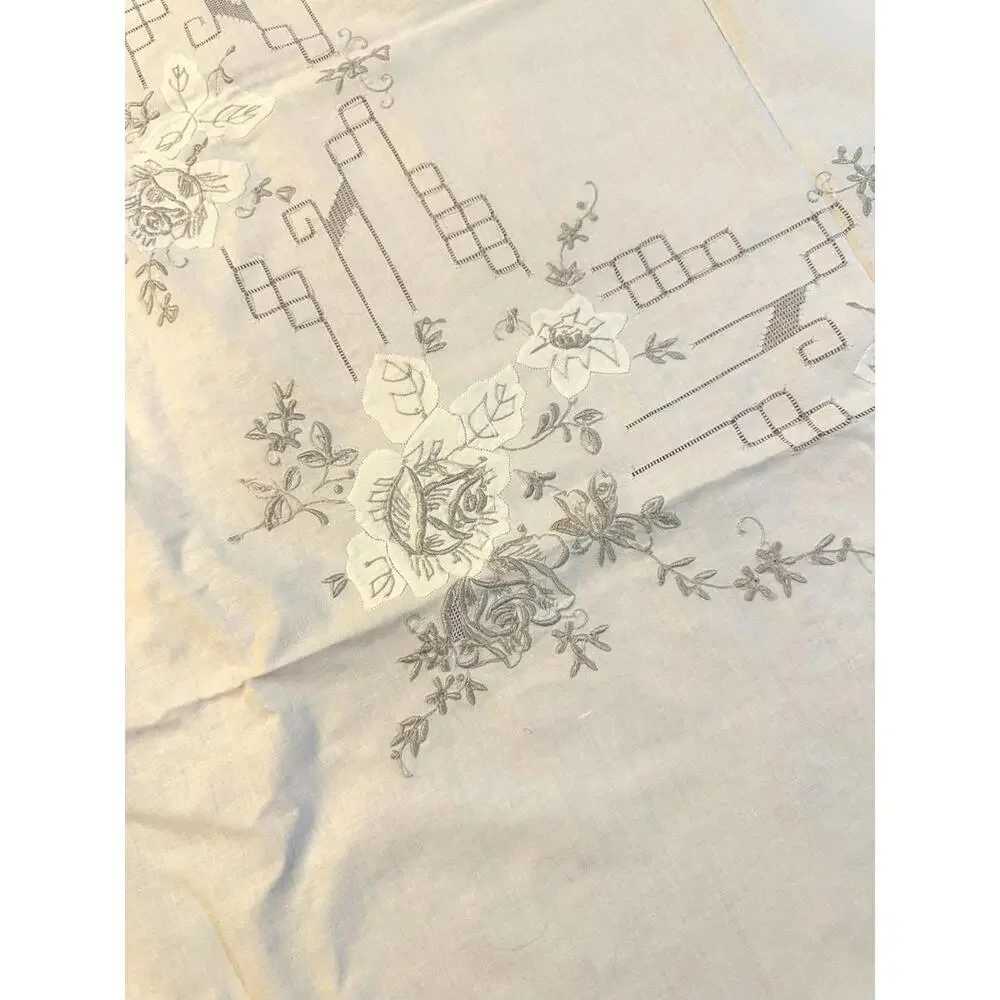 New VTG Madeira Style Round Linen Tablecloth 64.5” + 8 Napkins Appliqué Floral